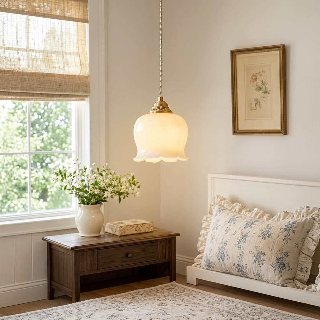 Petite mini pendant light hanging beside bed nightstand replacement modern farmhouse interior