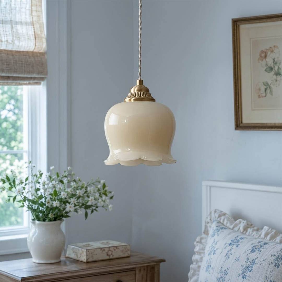 Petite mini pendant light hanging beside bed nightstand replacement modern farmhouse interior