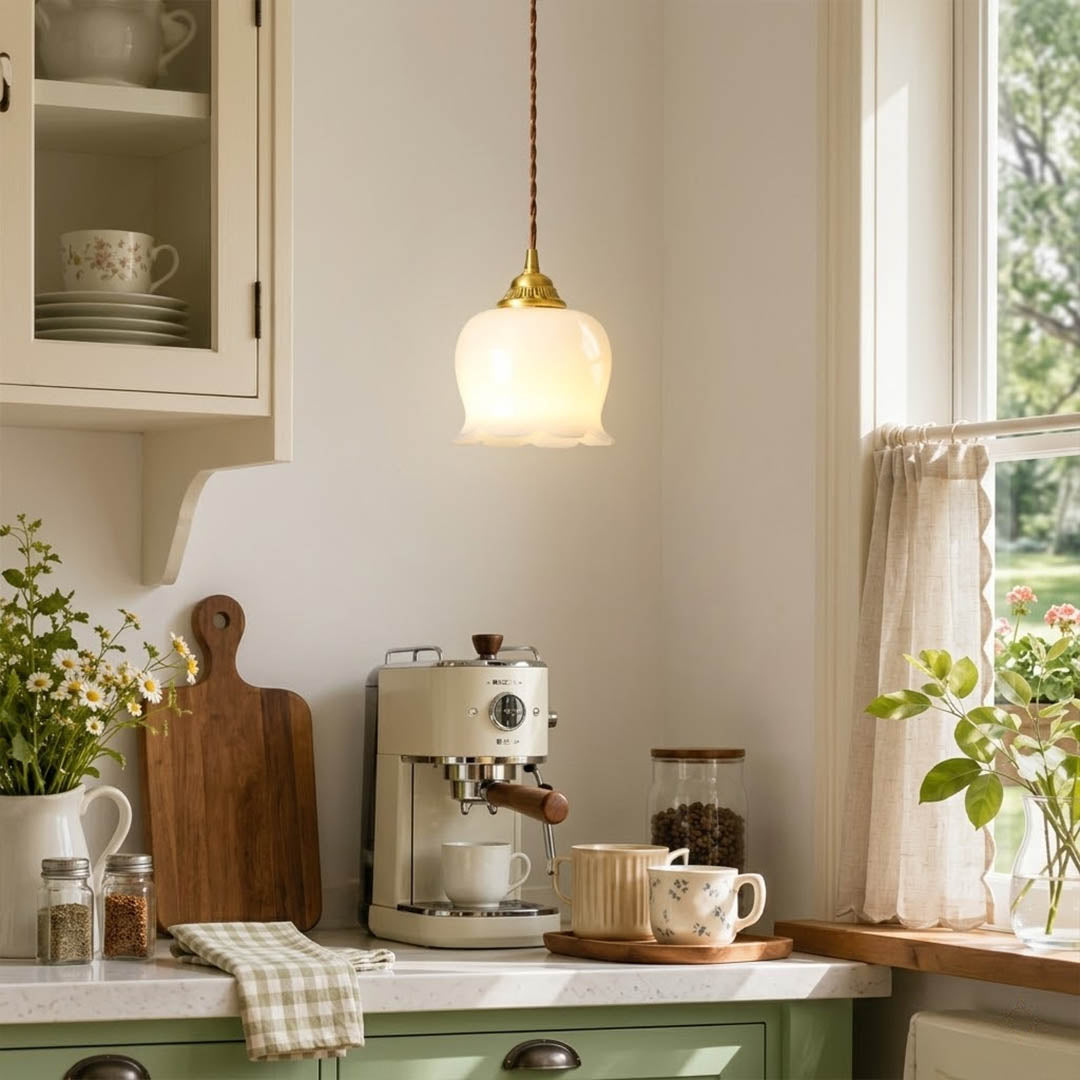 Petite mini pendant light hanging beside bed nightstand replacement modern farmhouse interior