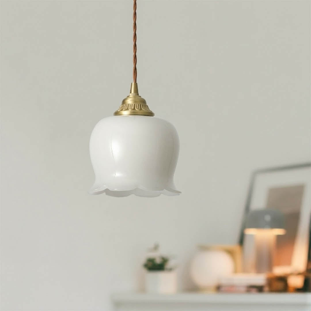 Petite mini pendant light hanging beside bed nightstand replacement modern farmhouse interior