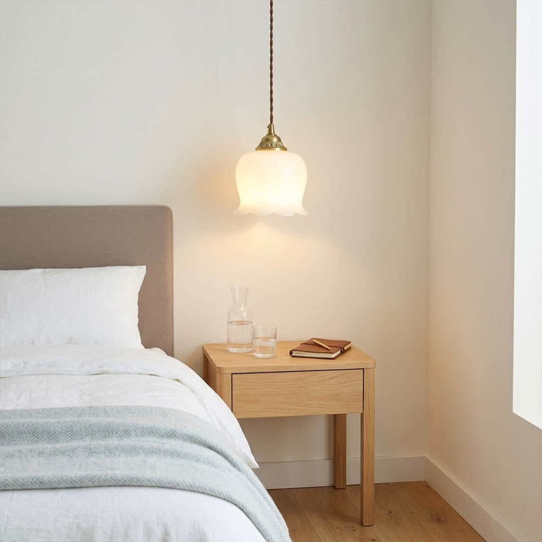 Petite mini pendant light hanging beside bed nightstand replacement modern farmhouse interior