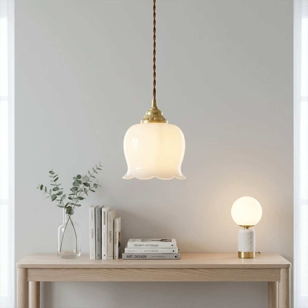 Petite mini brass pendant light in entryway foyer welcoming home modern classic interior
