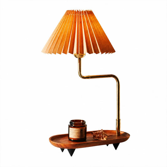 Pia pleated table lamp gold orange wood iron frame pleated fabric shade modern white background front view
