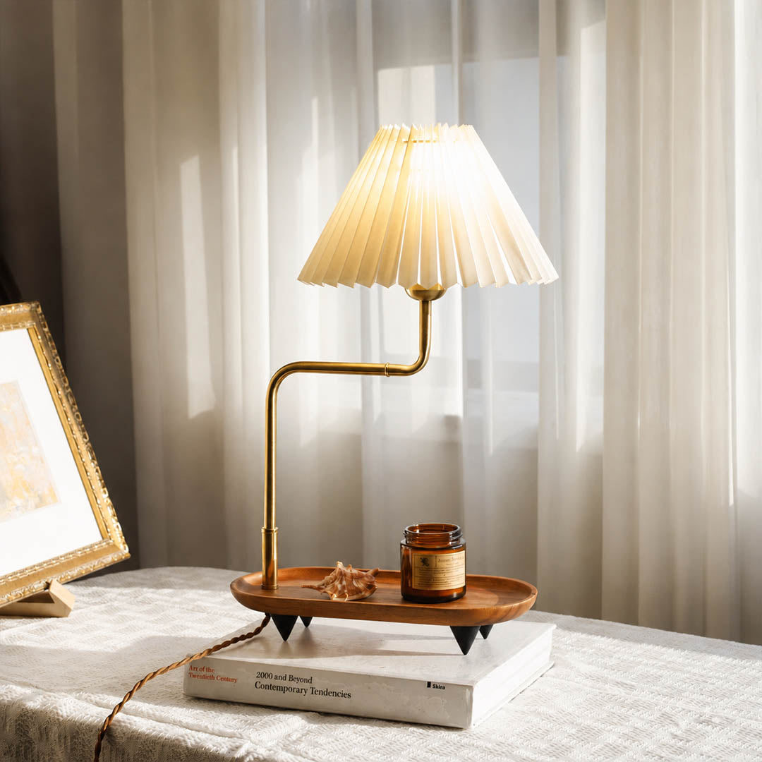 Pia pleated table lamp study desk console pleated fabric shade warm glow wood iron gold American home lifestyle interior
