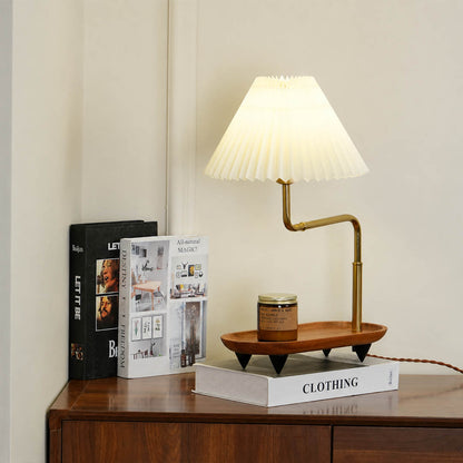 Pia pleated table lamp modern entryway console illuminated pleated fabric shade warm wood iron gold American home lifestyle interior