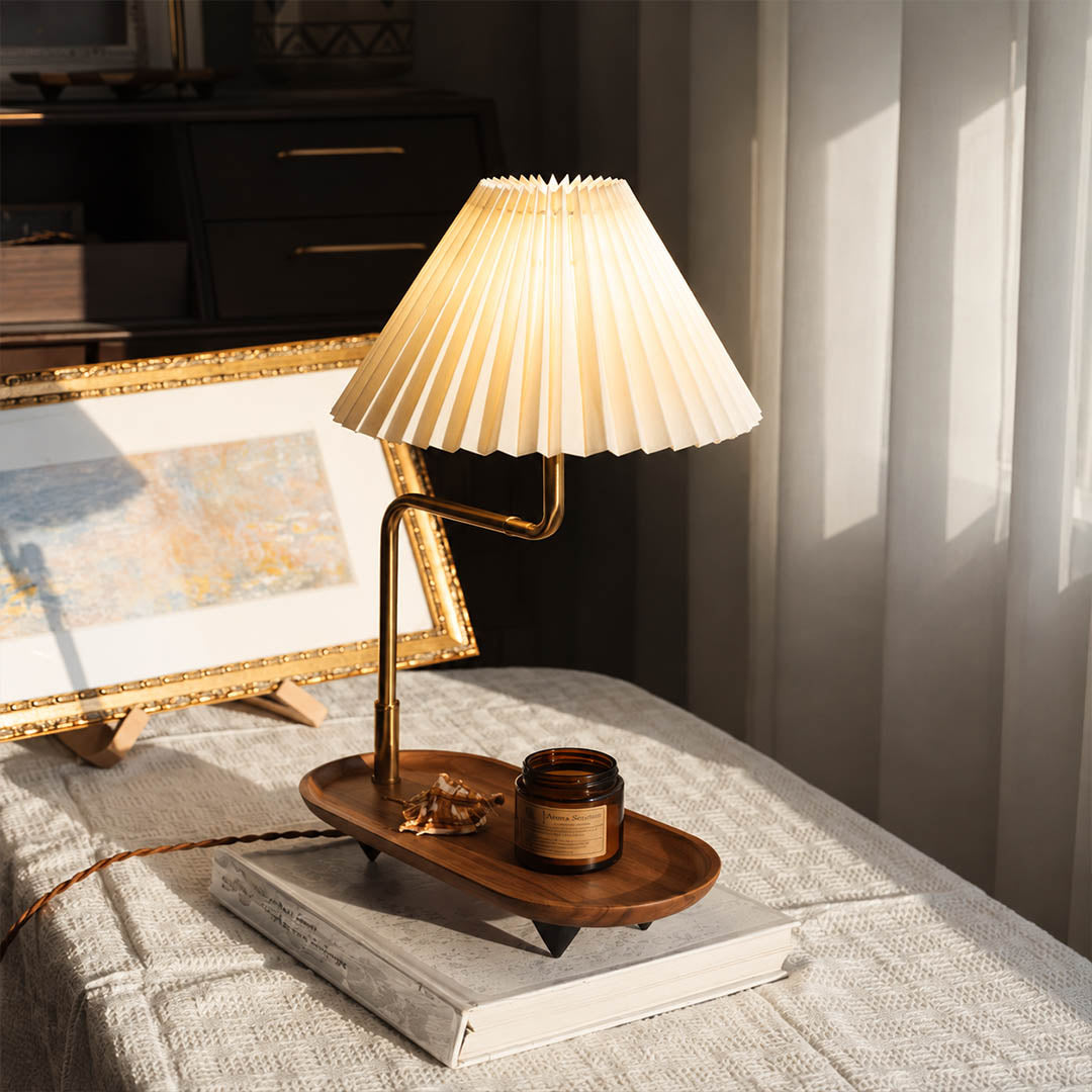 Pia pleated table lamp study desk console pleated fabric shade warm glow wood iron gold American home lifestyle interior