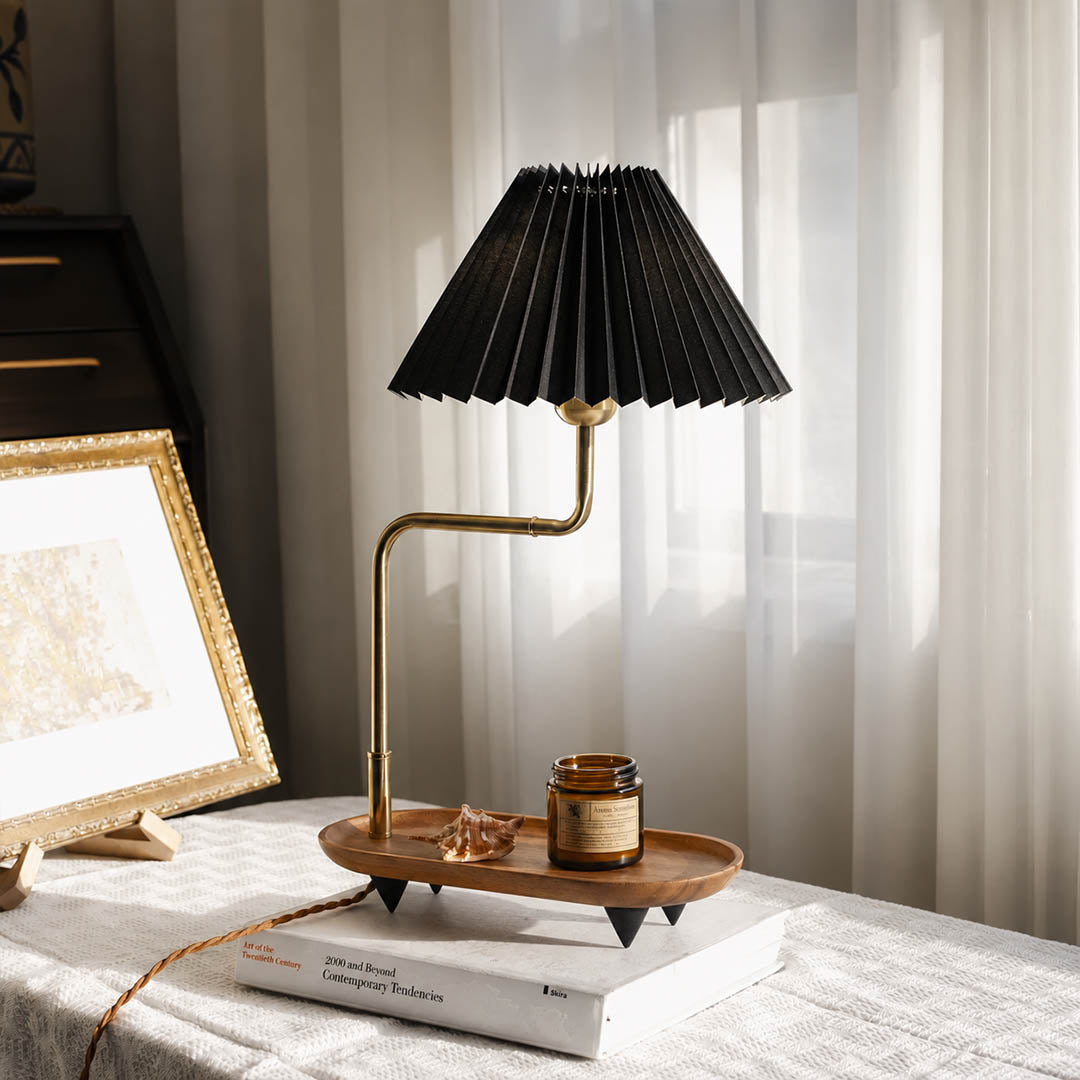 Pia pleated table lamp study desk console pleated fabric shade warm glow wood iron gold American home lifestyle interior
