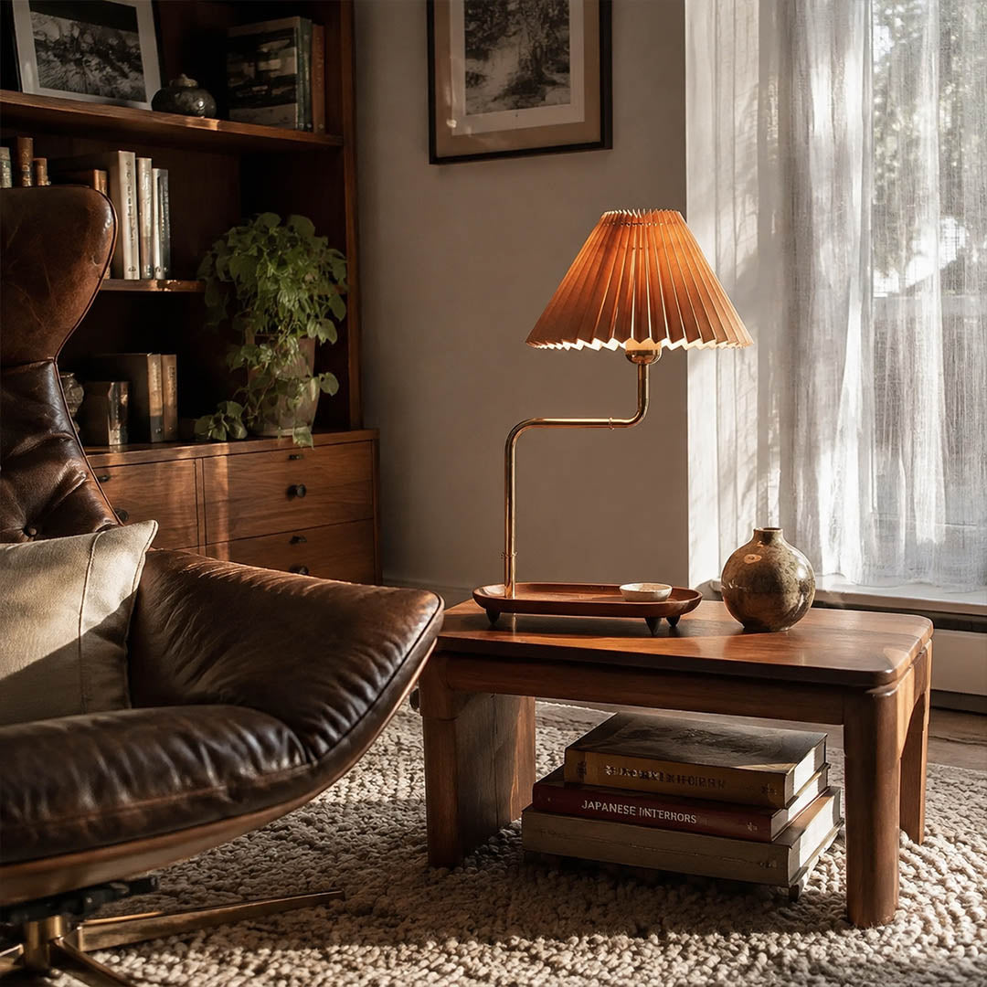 Pia pleated table lamp living room side table pleated fabric shade warm glow wood iron gold elegant American home lifestyle interior styled