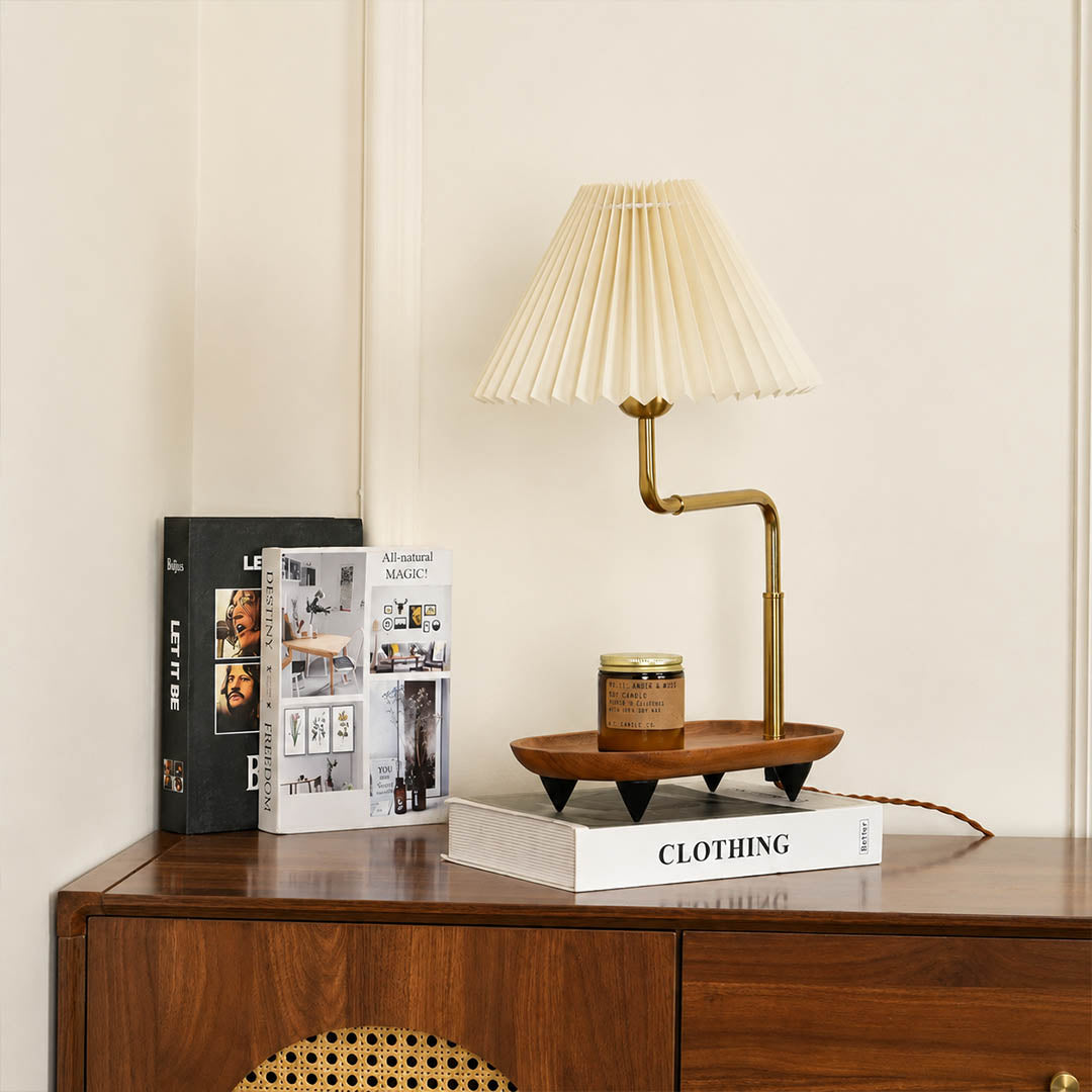 Pia pleated table lamp modern entryway console illuminated pleated fabric shade warm wood iron gold American home lifestyle interior