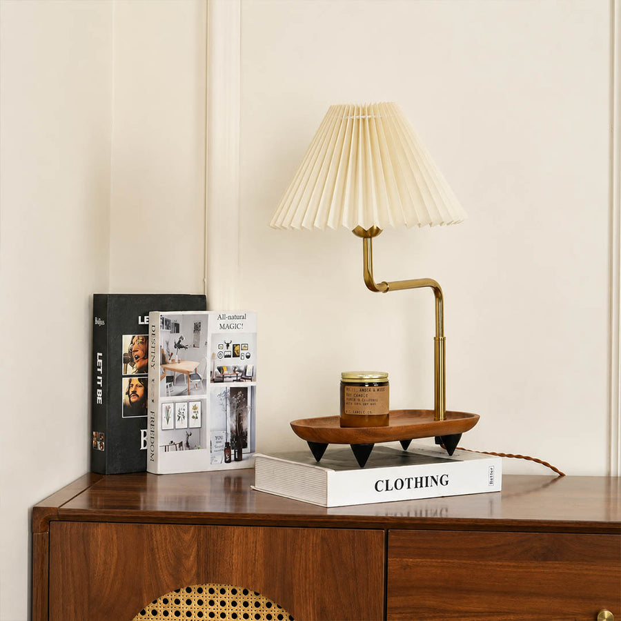 Pia pleated table lamp modern entryway console illuminated pleated fabric shade warm wood iron gold American home lifestyle interior