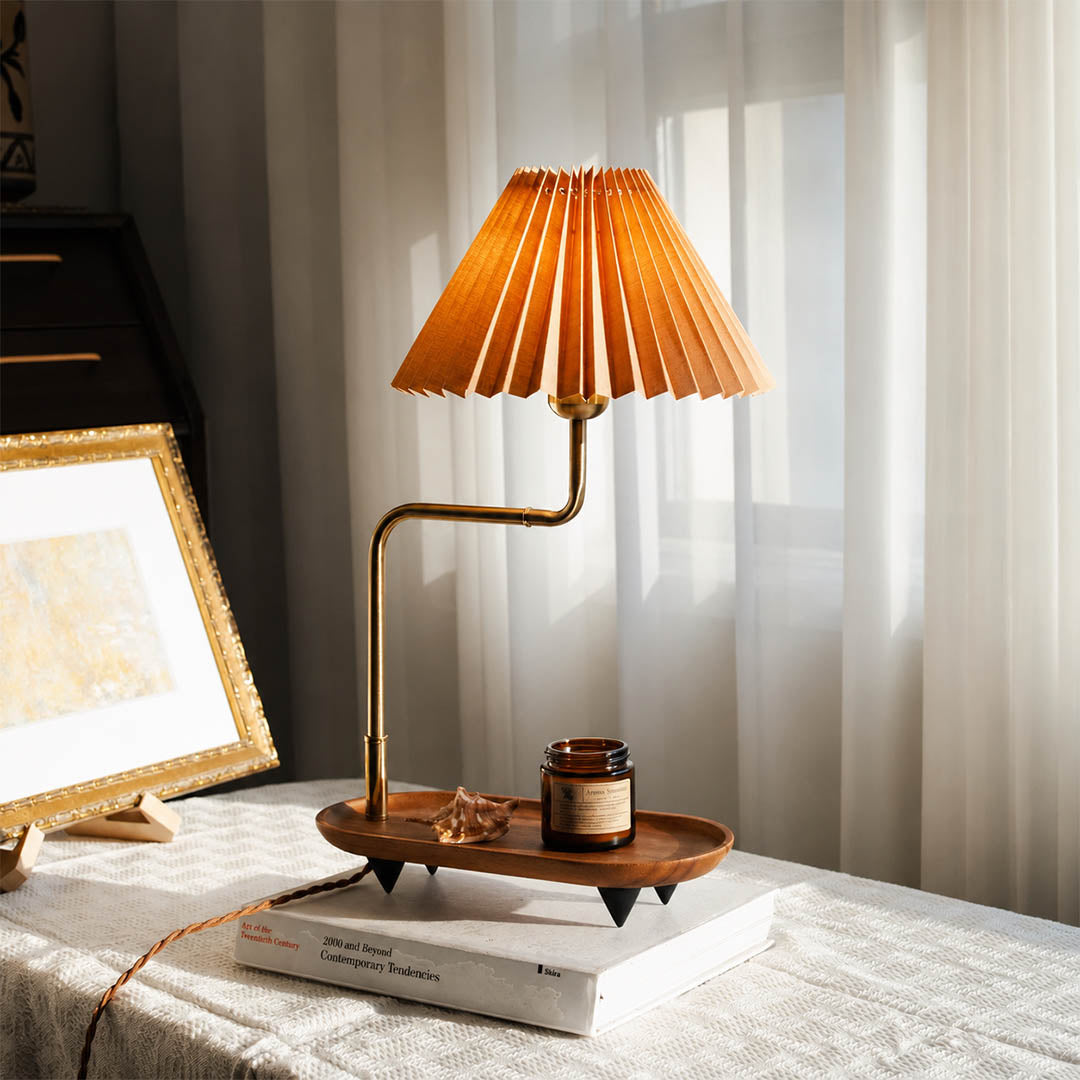 Pia pleated table lamp study desk console pleated fabric shade warm glow wood iron gold American home lifestyle interior