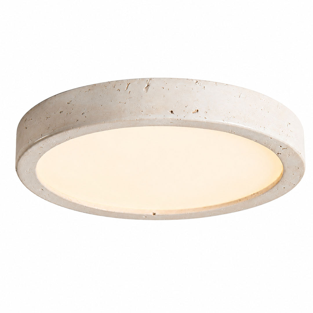 Piana travertine ceiling light yellow travertine stone slim flat disc flush mount low profile minimalist white background