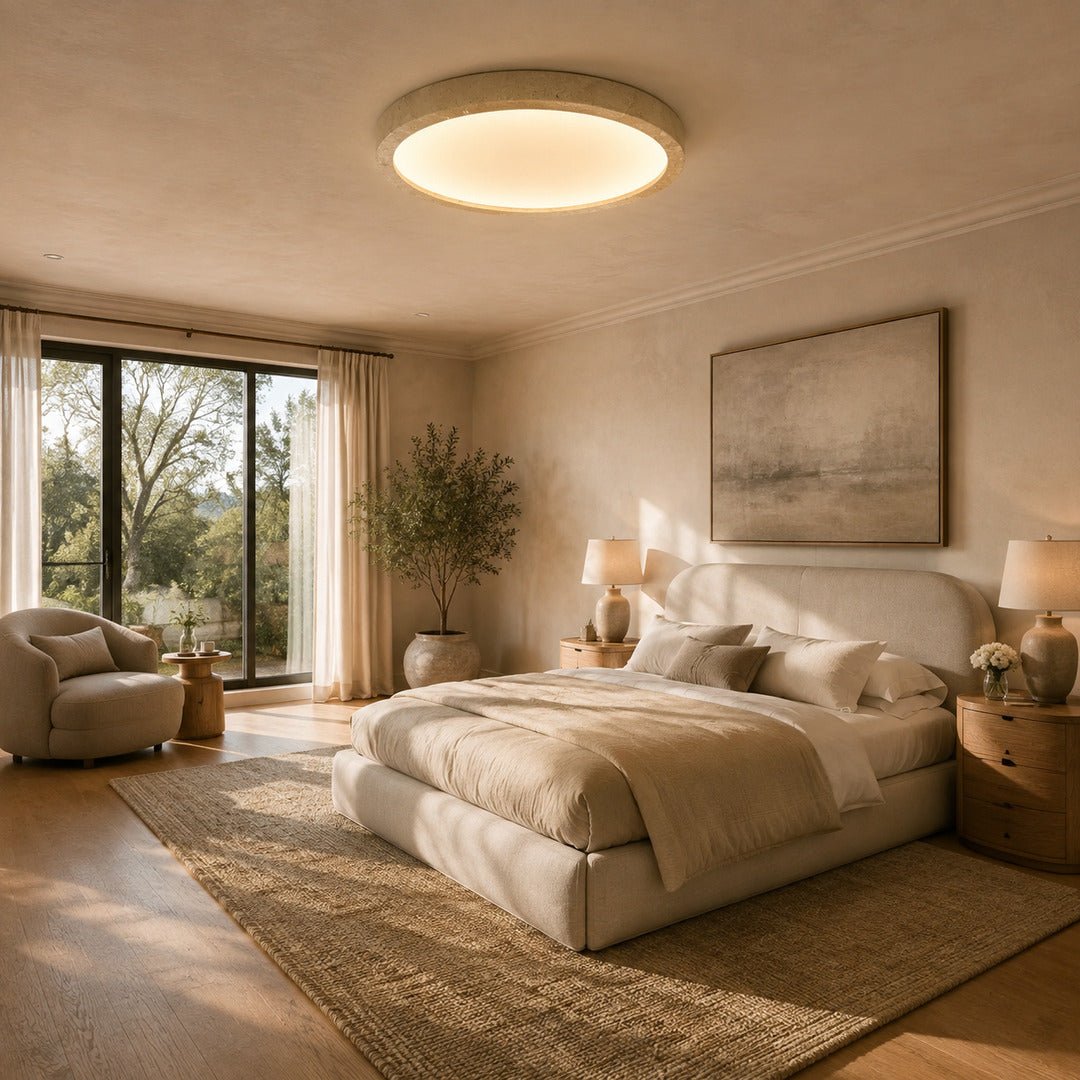 Piana travertine ceiling light bedroom low ceiling warm glow travertine stone disc minimalist American home lifestyle interior styled