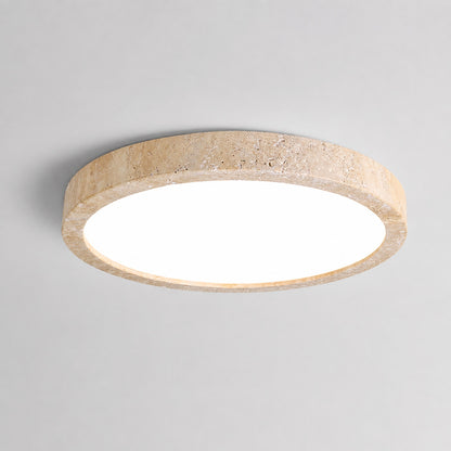 Piana travertine ceiling light illuminated warm integrated LED ambient glow travertine stone disc white background