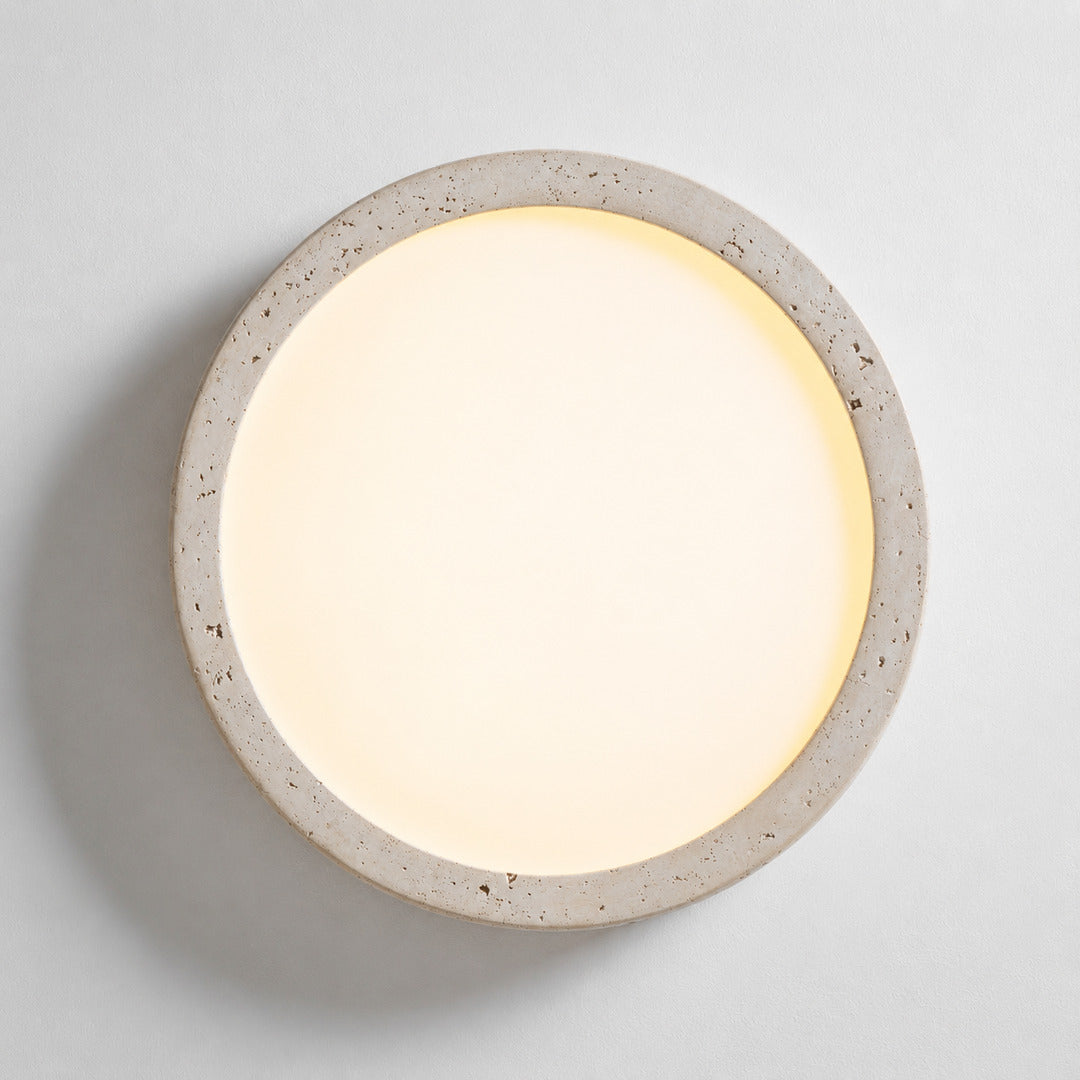 Piana travertine ceiling light bottom diffuser warm even downward glow detail close up