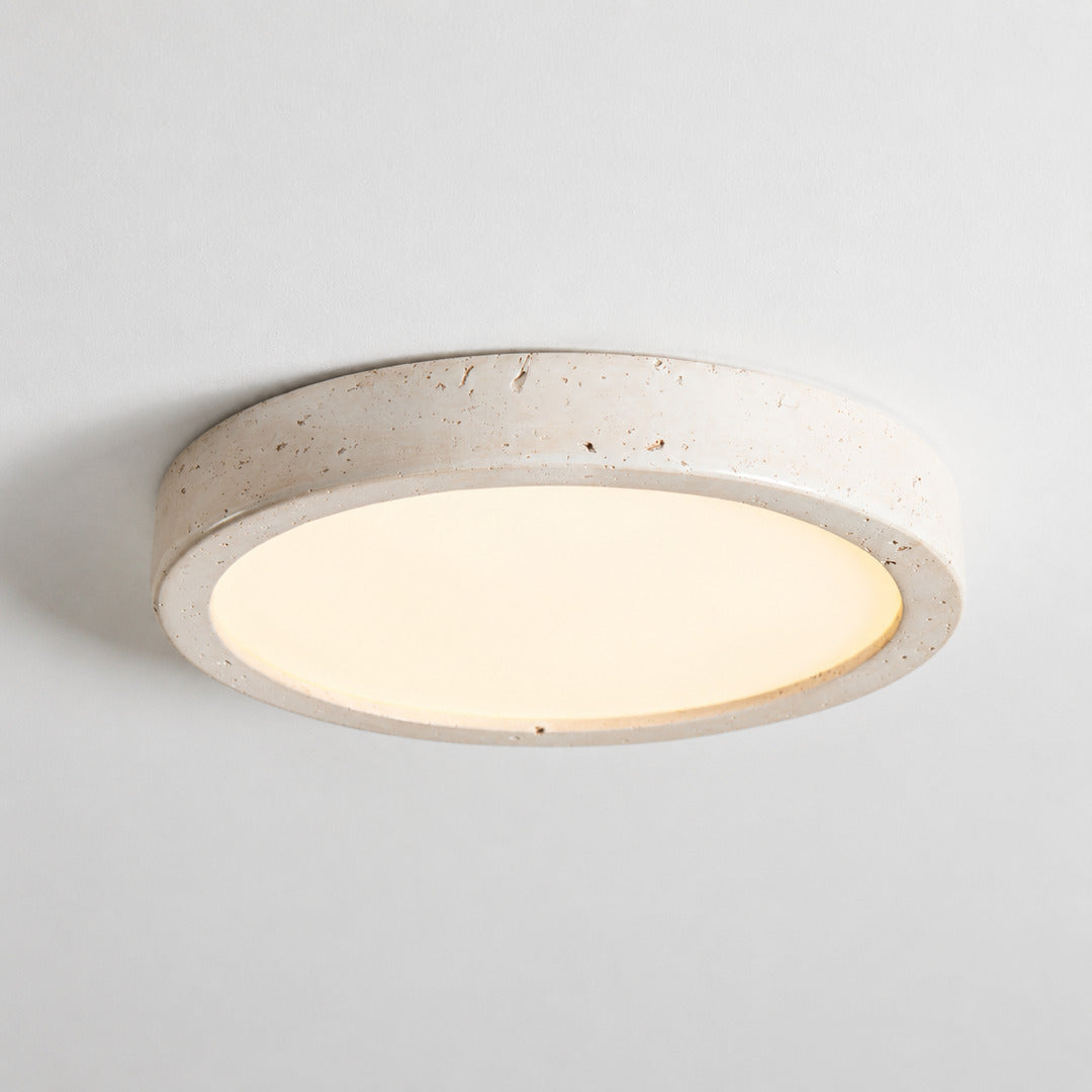 Piana travertine ceiling light yellow travertine stone slim flat disc flush mount low profile minimalist white background