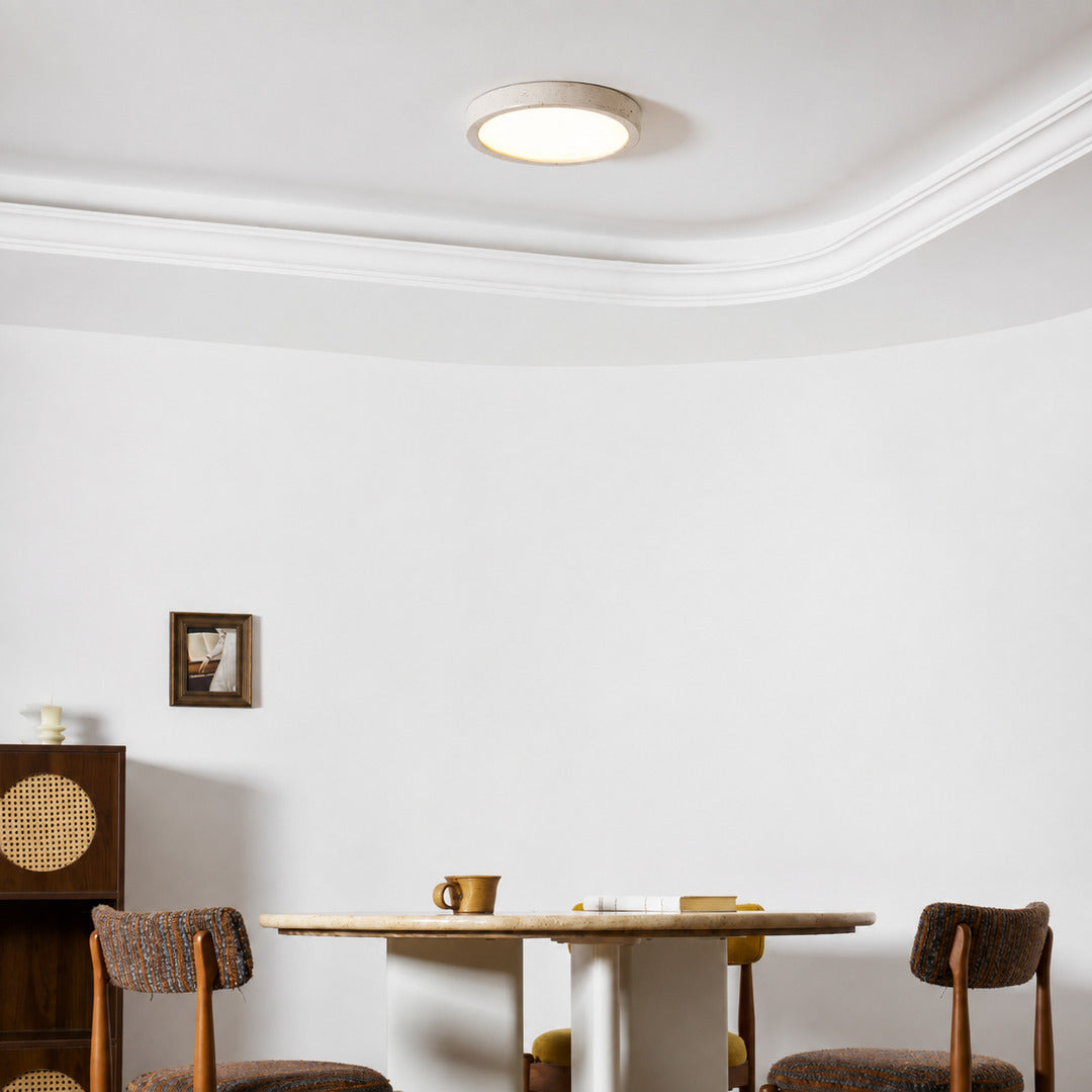 Piana travertine ceiling light low ceiling apartment warm glow travertine stone disc minimalist American home lifestyle interior styled