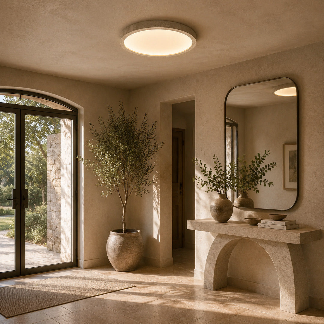 Piana travertine ceiling light hallway corridor low ceiling warm glow travertine stone minimalist American home lifestyle interior styled