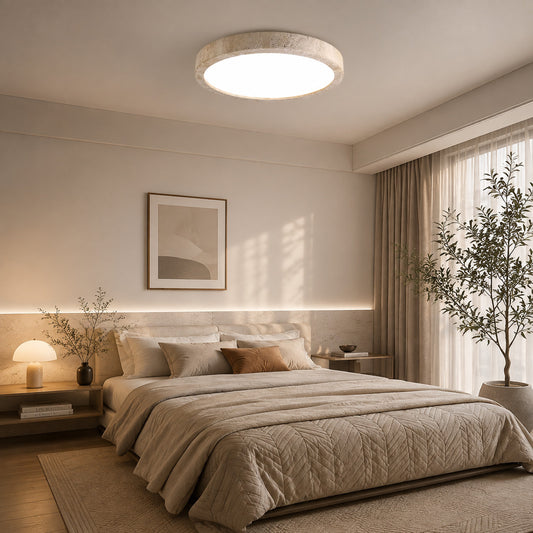 Piana travertine ceiling light bedroom low ceiling warm glow travertine stone disc minimalist American home lifestyle interior styled