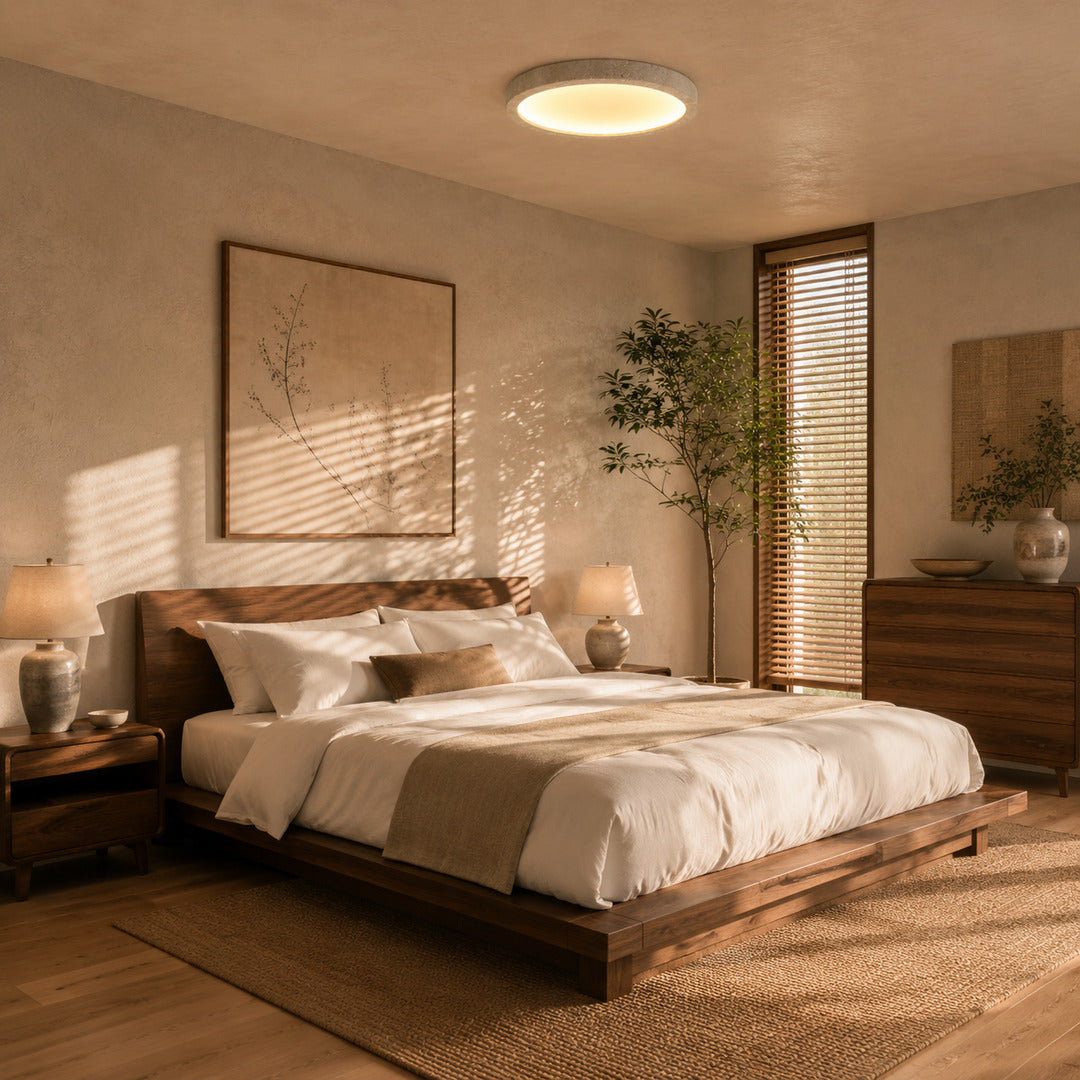 Piana travertine ceiling light bedroom low ceiling warm glow travertine stone disc minimalist American home lifestyle interior styled