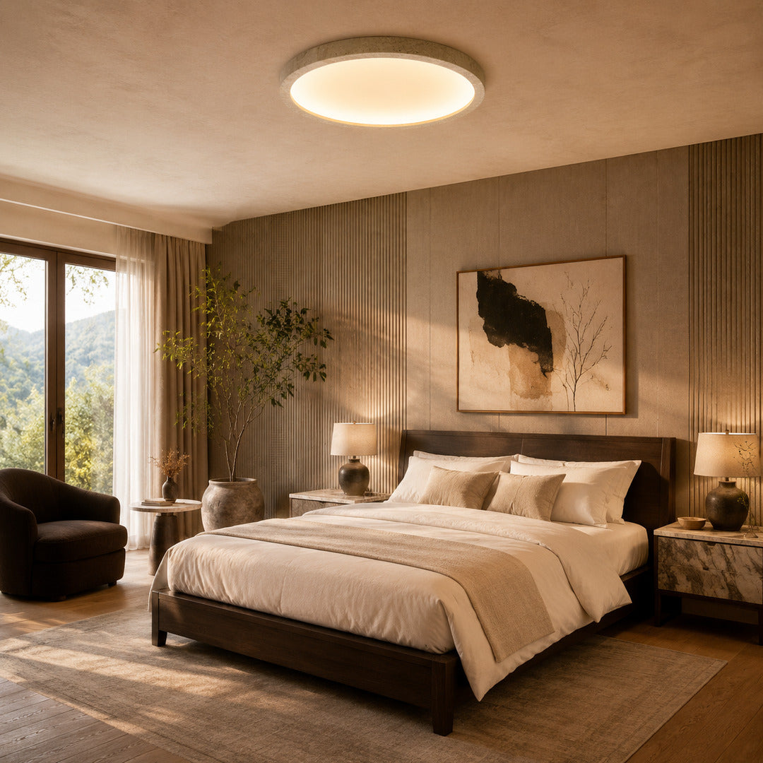 Piana travertine ceiling light bedroom low ceiling warm glow travertine stone disc minimalist American home lifestyle interior styled