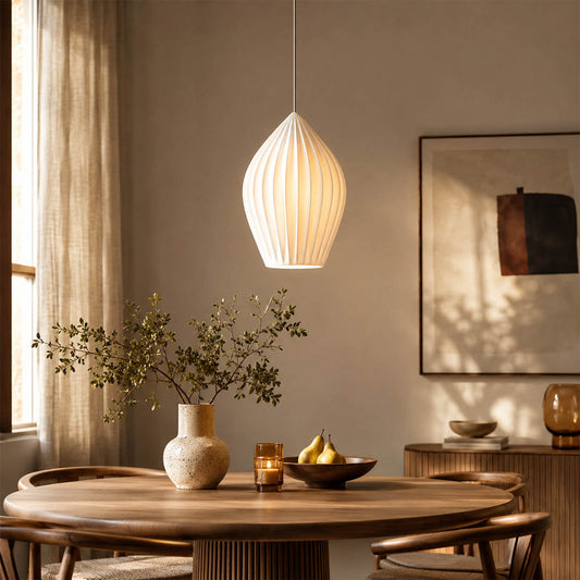 Piega pendant light single large 9.4 inch modern dining room round table centerpiece bone china ceramic ribbed boho Japandi warm ambient dinner evening intimate lifestyle interior American home