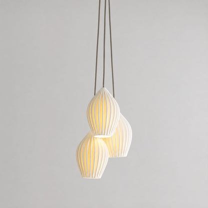 Piega pendant light 3 light cluster chandelier bone china ceramic ribbed pleated boho modern dining room entryway hardwired white background