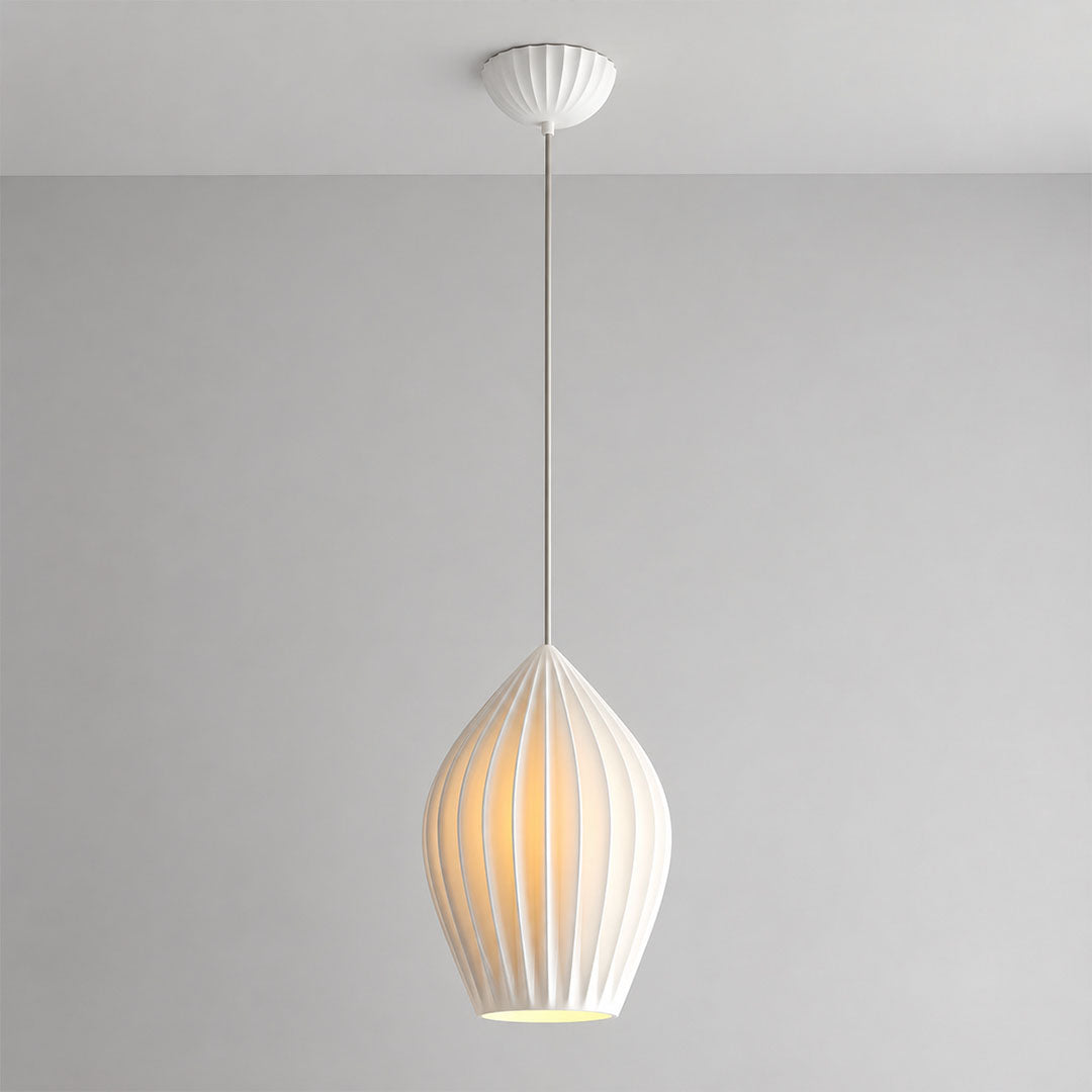 Piega pendant light single small 5.1 inch bone china ceramic ribbed pleated boho modern powder room bathroom bedside compact hardwired white background