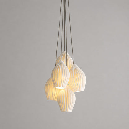 Piega pendant light 5 light cluster chandelier bone china ceramic ribbed pleated boho modern dining room living room statement hardwired white background