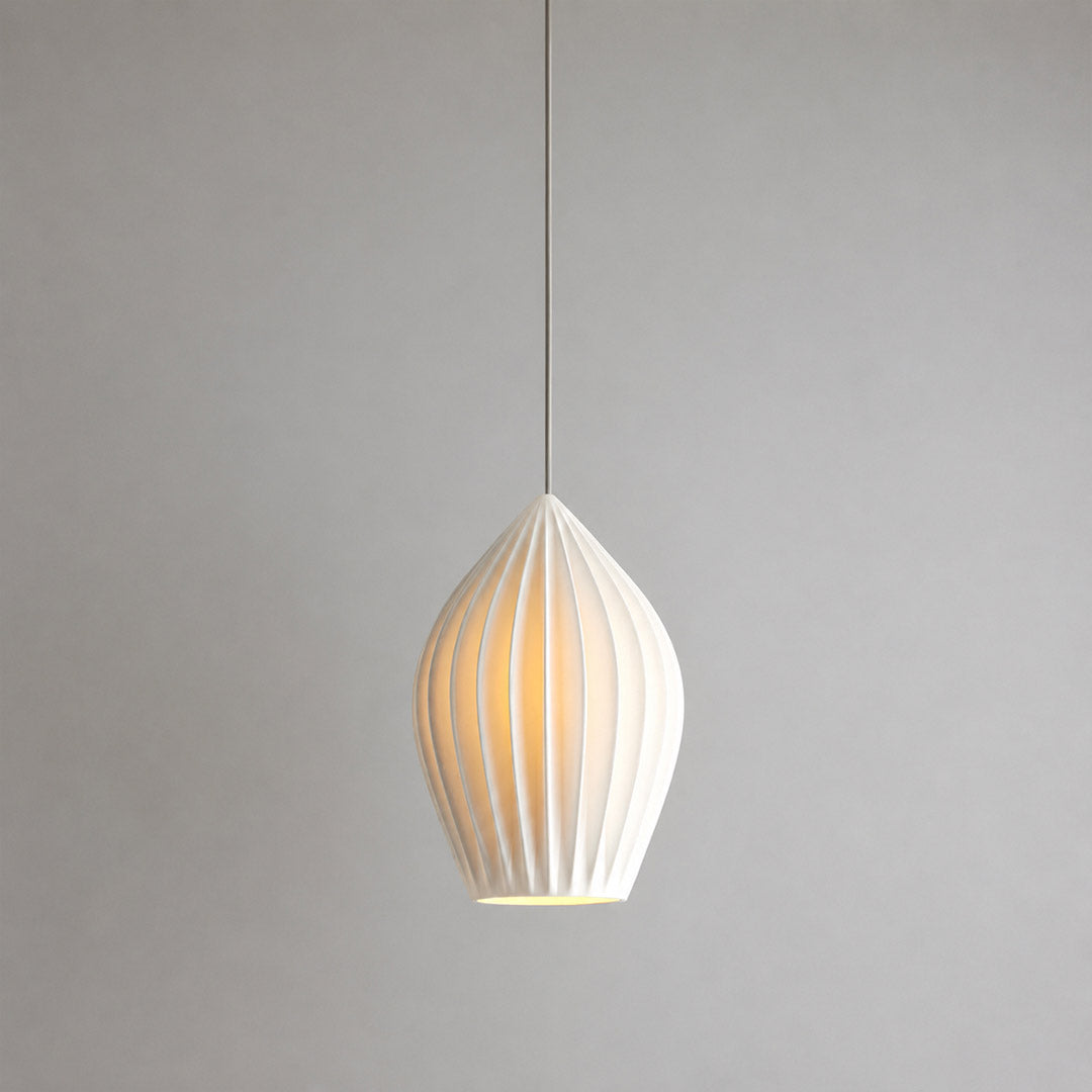 Piega pendant light single large 9.4 inch bone china ceramic ribbed pleated boho modern dining room kitchen island statement hardwired white background