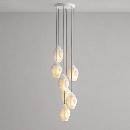Piega pendant light 7 light cluster chandelier bone china ceramic ribbed pleated boho modern dining room double height statement sculptural hardwired white background
