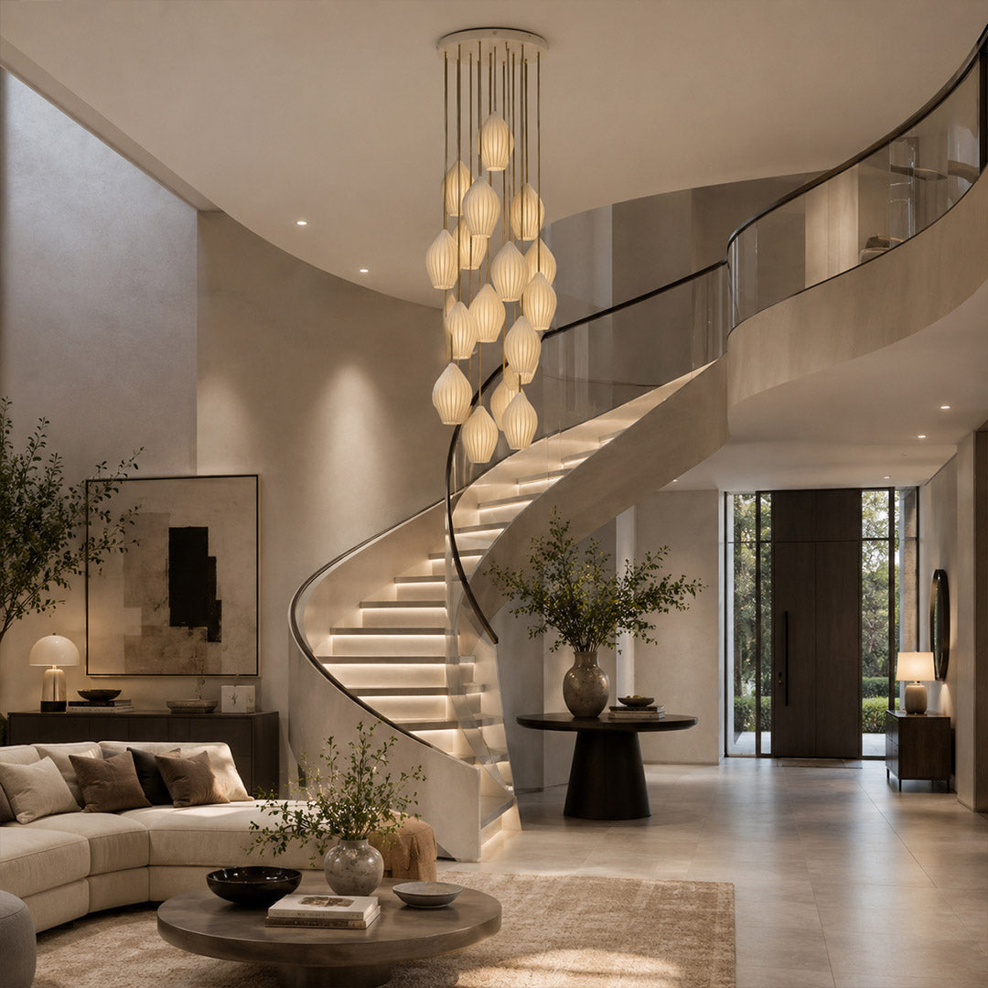 Piega pendant light 18 light cluster chandelier modern grand dining hospitality hotel lobby atrium boutique statement bone china ceramic ribbed boho warm ambient dramatic sophisticated upscale lifestyle interior American home