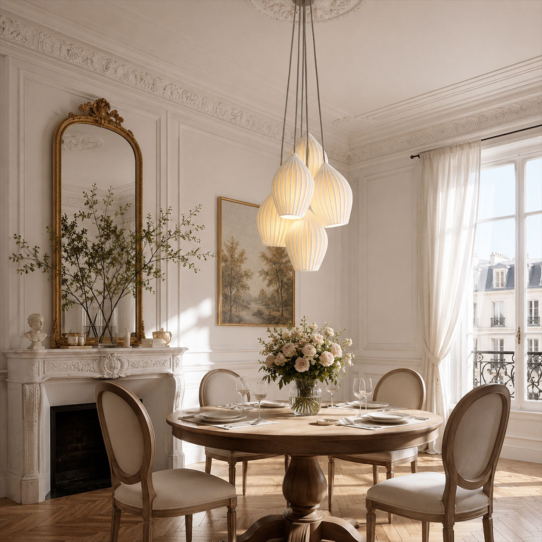 Piega pendant light single large 9.4 inch modern dining room round table centerpiece bone china ceramic ribbed boho Japandi warm ambient dinner evening intimate lifestyle interior American home