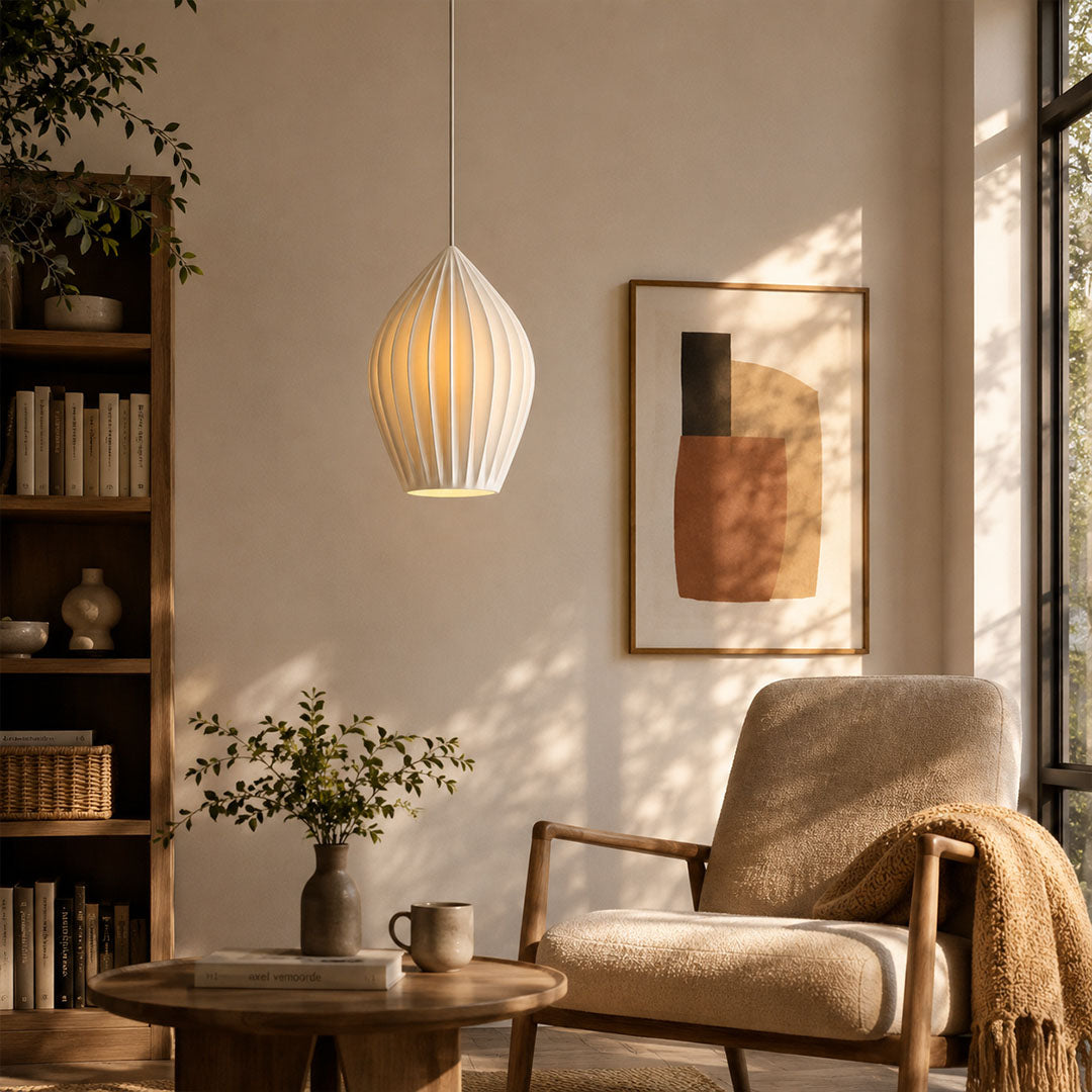 Piega pendant light 7 light cluster chandelier modern living room double height ceiling statement bone china ceramic ribbed boho warm ambient dramatic architectural lifestyle interior American home