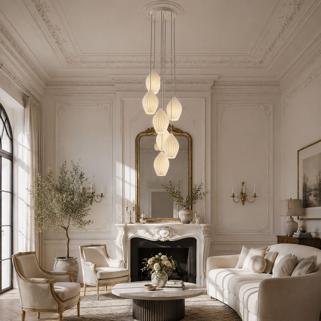 Piega pendant light 18 light cluster chandelier modern grand dining hospitality hotel lobby atrium boutique statement bone china ceramic ribbed boho warm ambient dramatic sophisticated upscale lifestyle interior American home