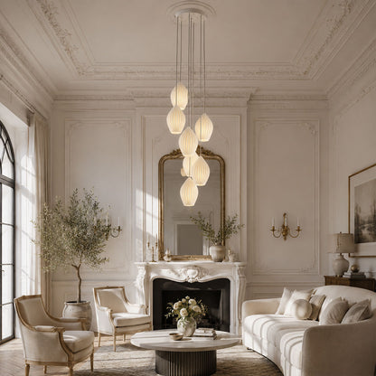Piega pendant light 18 light cluster chandelier modern grand dining hospitality hotel lobby atrium boutique statement bone china ceramic ribbed boho warm ambient dramatic sophisticated upscale lifestyle interior American home