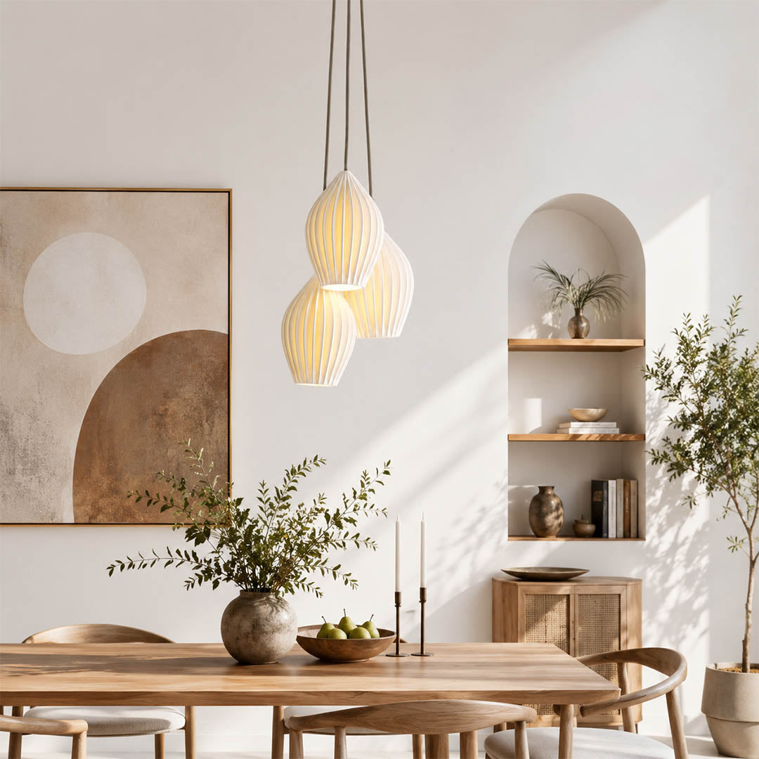 Piega pendant light 5 light cluster chandelier modern dining room dinner table centerpiece bone china ceramic ribbed boho Japandi warm ambient sophisticated evening lifestyle interior American home