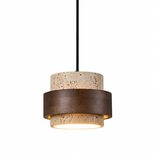 Pietra travertine pendant light yellow travertine walnut wood mini cylindrical minimalist Japandi white background front view
