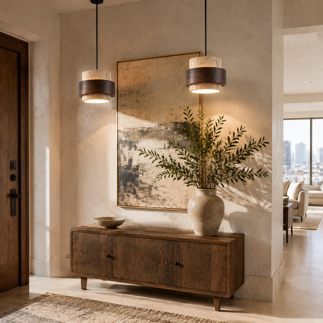 Pietra travertine pendant light entryway hallway illuminated warm glow travertine stone Japandi American home lifestyle interior styled