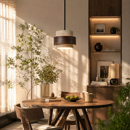 Pietra travertine pendant light dining table illuminated warm glow travertine stone walnut Japandi American home lifestyle interior styled