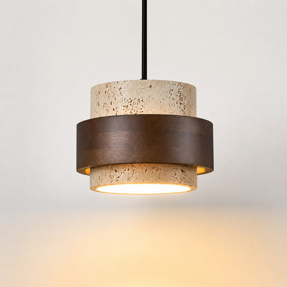 Pietra travertine pendant light illuminated warm elegant glow natural travertine stone cozy white background