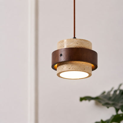 Pietra travertine pendant light illuminated warm elegant glow natural travertine stone cozy white background
