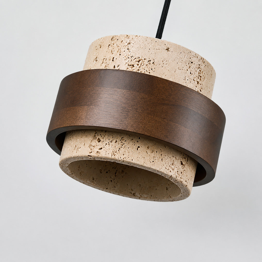 Pietra travertine pendant light yellow travertine natural stone veining porous texture detail close up unique
