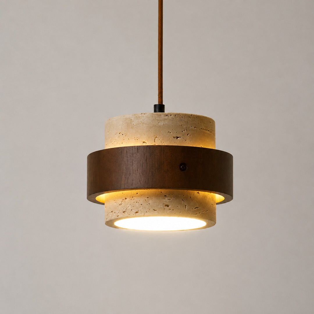 Pietra travertine pendant light illuminated warm elegant glow natural travertine stone cozy white background