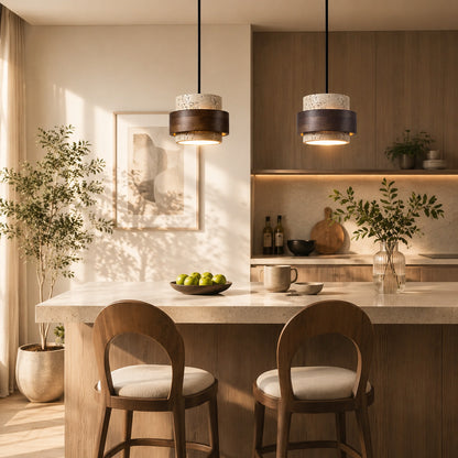 Pietra travertine pendant light kitchen island counter illuminated warm glow natural travertine walnut minimalist American home lifestyle interior styled
