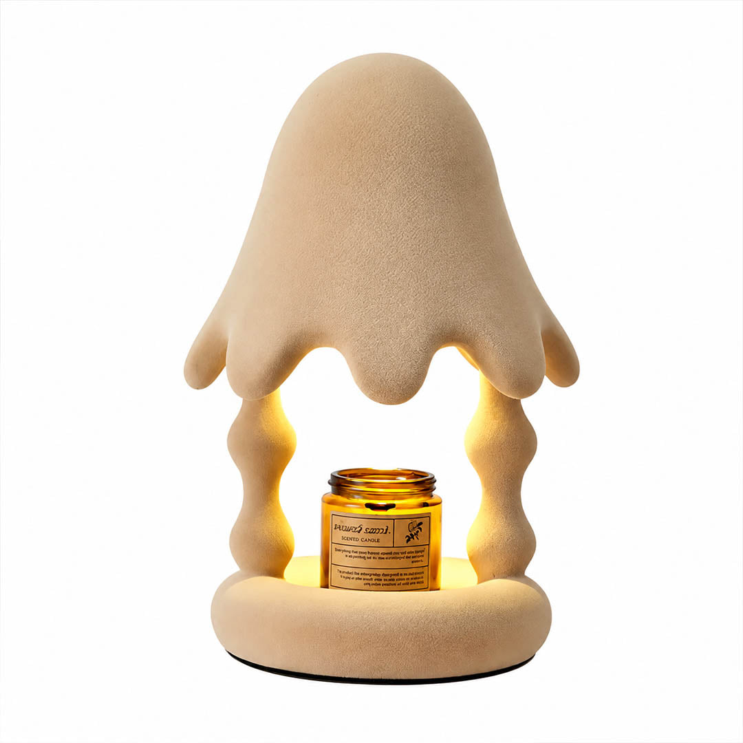 Pineo candle warmer lamp beige flocking resin cedar shape scent warmer white background front view