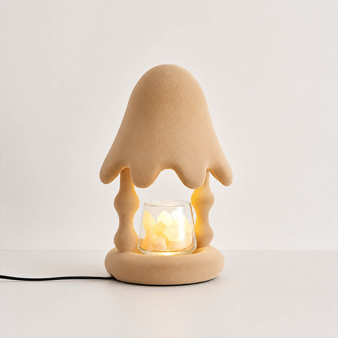 Pineo candle warmer lamp beige flocking resin cedar shape scent warmer white background front view