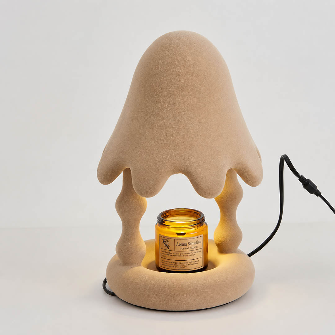 Pineo candle warmer lamp melting candle wax from above halogen warmth scent diffusion flame free detail close up