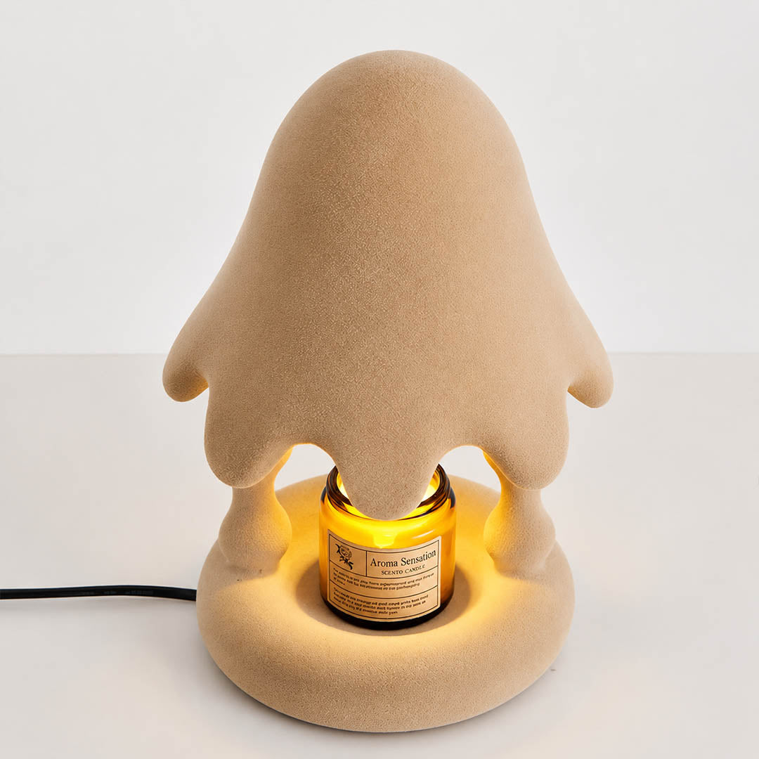 Pineo candle warmer lamp cedar shape sculptural silhouette flocking resin texture detail close up craftsmanship
