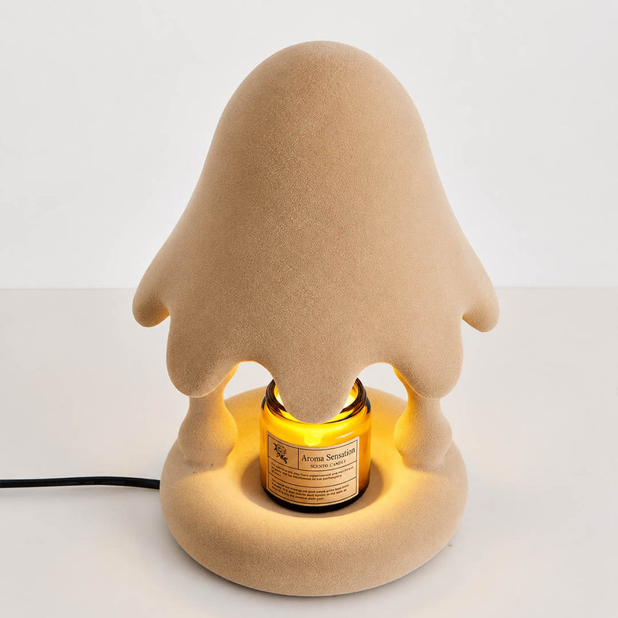 Pineo candle warmer lamp cedar shape sculptural silhouette flocking resin texture detail close up craftsmanship
